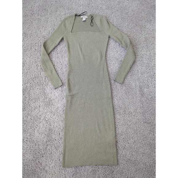 H&M Dresses & Skirts - H&M Bodycon Dress Womens S Green Long Sleeve Square Neck Ribbed Knit Midi